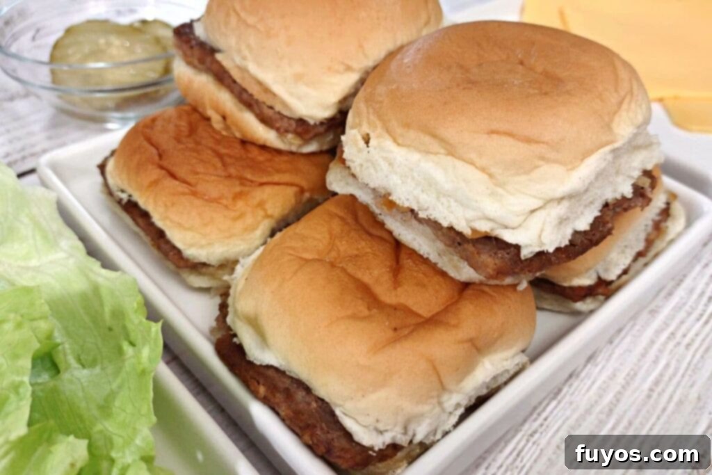 From Freezer to Feast Microwave White Castle Burgers 10 angled view looking at white castle burgers stacked on a plate