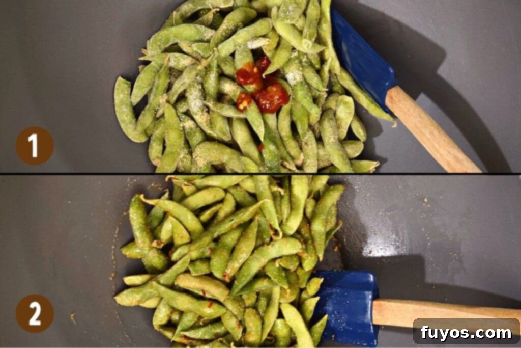 Combine frozen edamame with seasonings in mixing bowl
