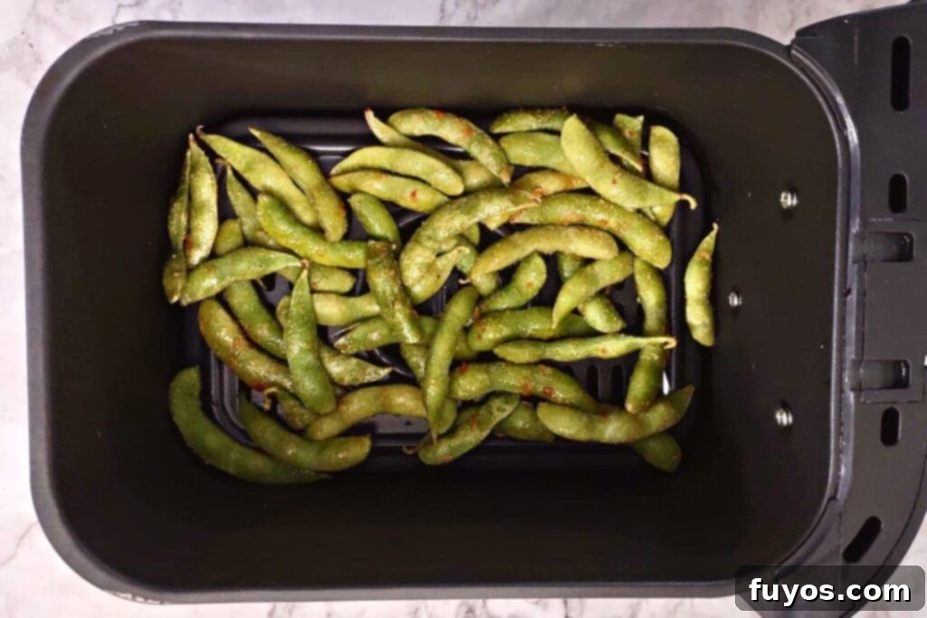 Place frozen edamame in air fryer basket