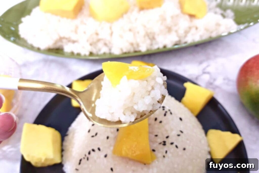 Effortless Microwave Coconut Mango Sticky Rice 3 spoonful of sticky rice with a slice of mango on top