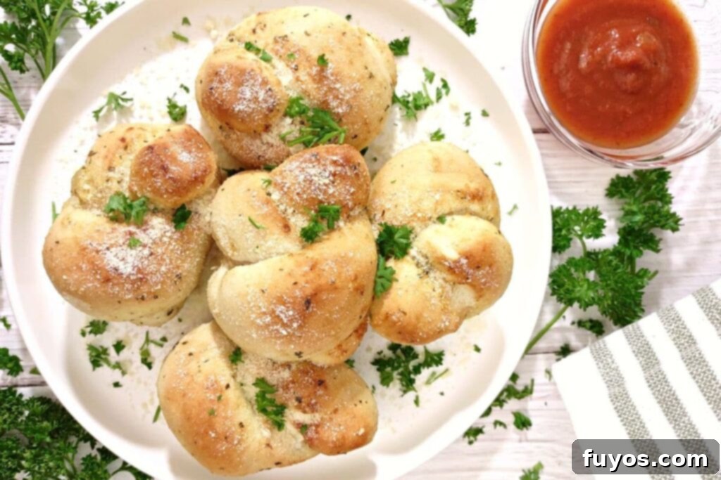 Crispy Air Fryer Frozen Garlic Knots in Under 10 Minutes 3 Air fryer garlic knots served with a small bowl of marinara sauce for dipping