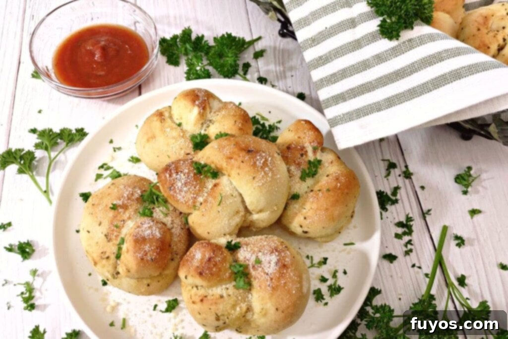 Crispy Air Fryer Frozen Garlic Knots in Under 10 Minutes 7 Air fryer garlic knots served on a plate with fresh parsley garnish