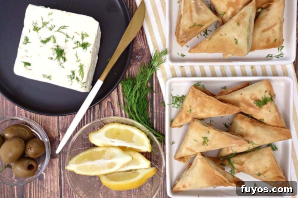 Trader Joe's Spanakopita Air Fryer Crispy Snack 6 Overhead view of crispy air-fried Trader Joe's spanakopita, garnished with lemon wedges and crumbled feta cheese