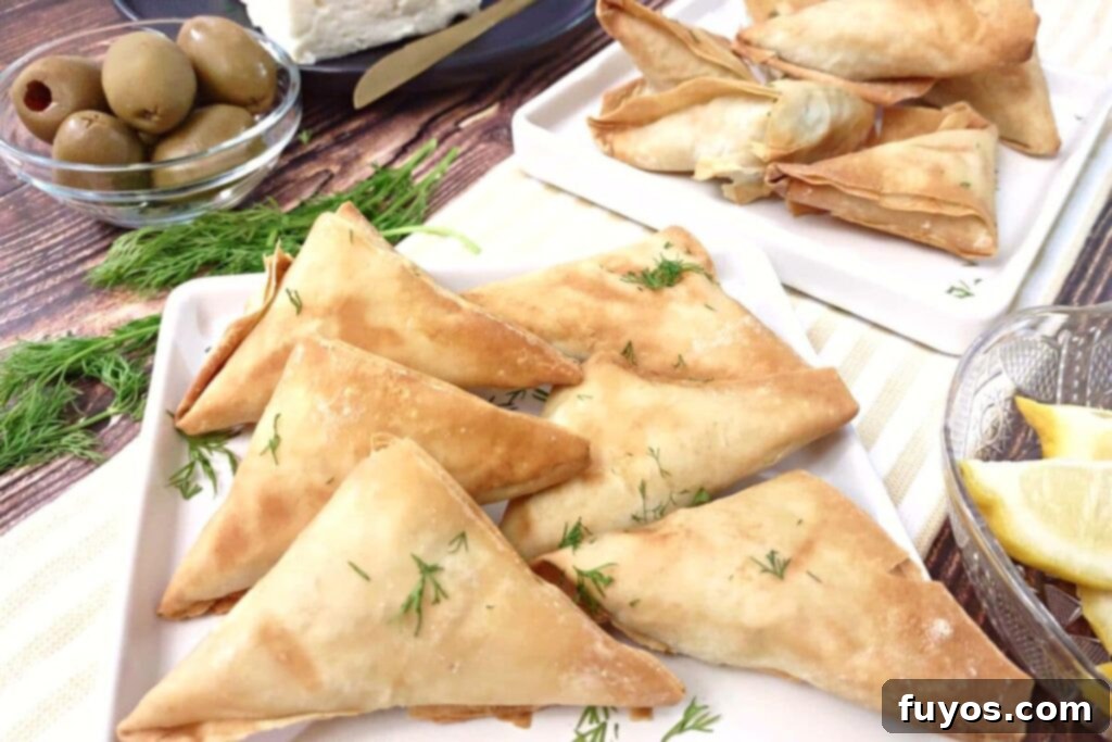 Trader Joe's Spanakopita Air Fryer Crispy Snack 7 Stack of air-fried Trader Joe's spanakopita wedges on a square plate, ready to be served