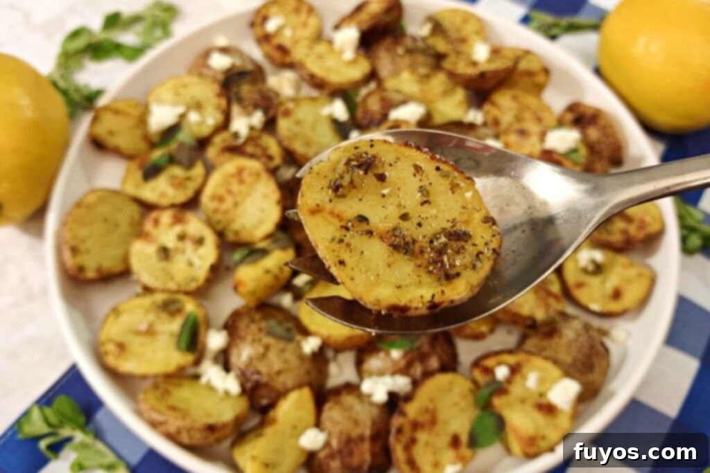 air fried greek potato on a fork