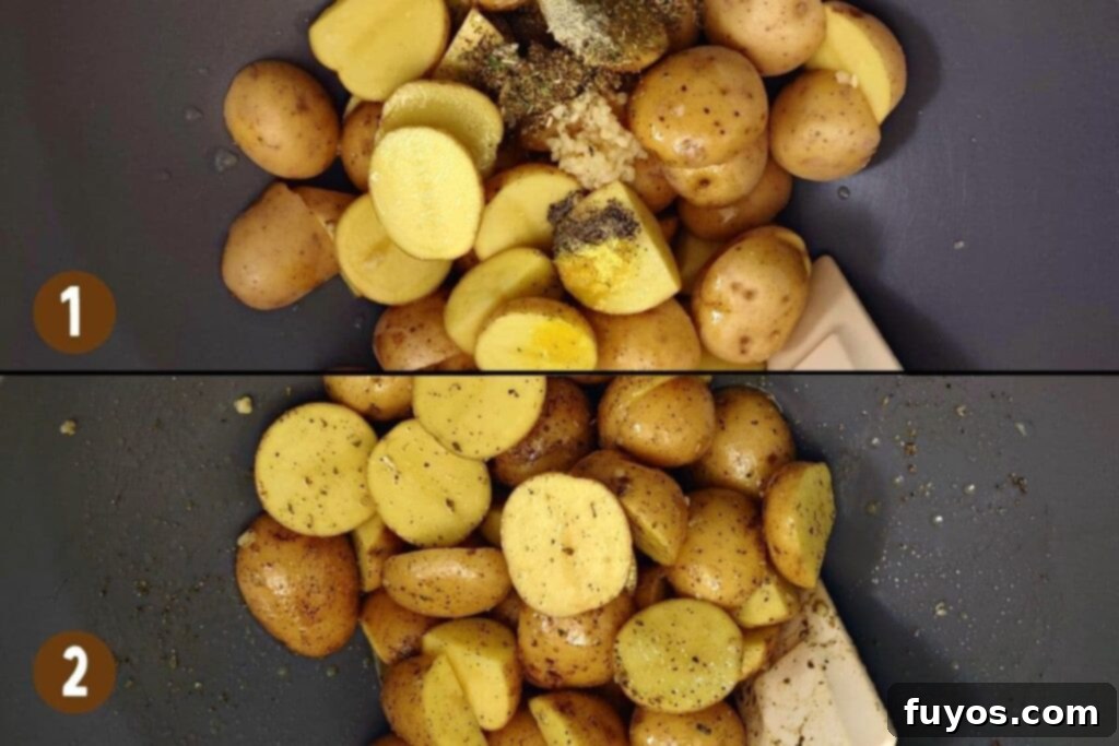 mix potato halves with other ingredients in a bowl
