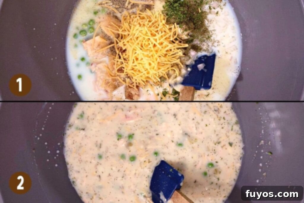 Air Fryer Tuna Casserole Your Perfect Comfort Indulgence 6 Mixing milk, condensed soup, peas, tuna, shallots, seasonings, and cheese in a bowl for the casserole.