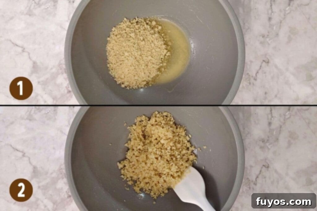 Air Fryer Tuna Casserole Your Perfect Comfort Indulgence 9 Panko breadcrumbs being mixed with melted butter in a small bowl.
