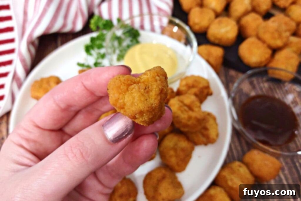 Air Fryer Frozen Popcorn Chicken Super Crispy 3 holding a piece of air fryer popcorn chicken