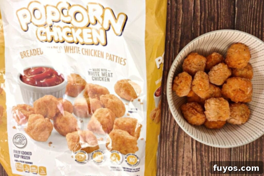 Air Fryer Frozen Popcorn Chicken Super Crispy 4 frozen popcorn chicken next to packaging