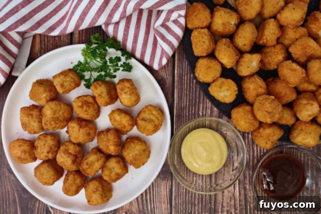 Air Fryer Frozen Popcorn Chicken Super Crispy 6 overhead view of crispy air fryer popcorn chicken with dipping sauces