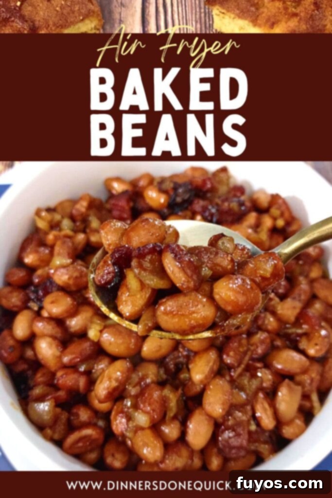Air fryer baked beans recipe dinners done quick, Pinterest friendly image