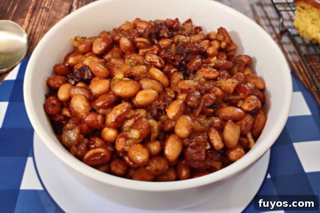 Closeup of delicious air fryer baked beans in a bowl, ready to serve