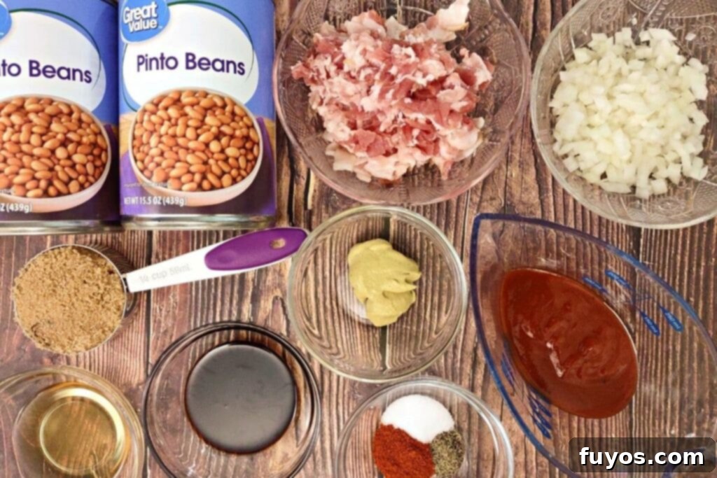 Ingredients laid out to make air fryer baked beans from scratch