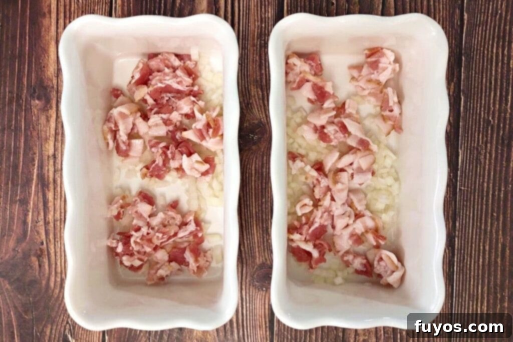 Adding diced bacon and onions to an oven-safe dish for air fryer baked beans