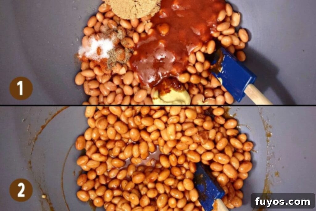 Mixing bean ingredients with sauce in a bowl for air fryer baked beans