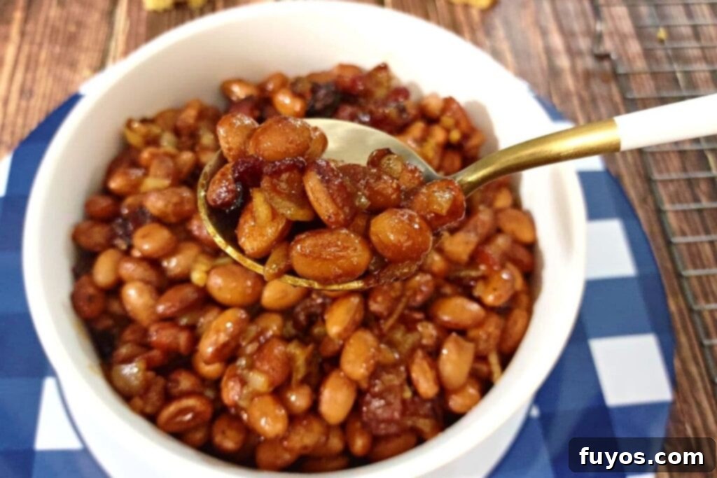 A spoonful of homemade air fryer baked beans, showing texture and rich sauce