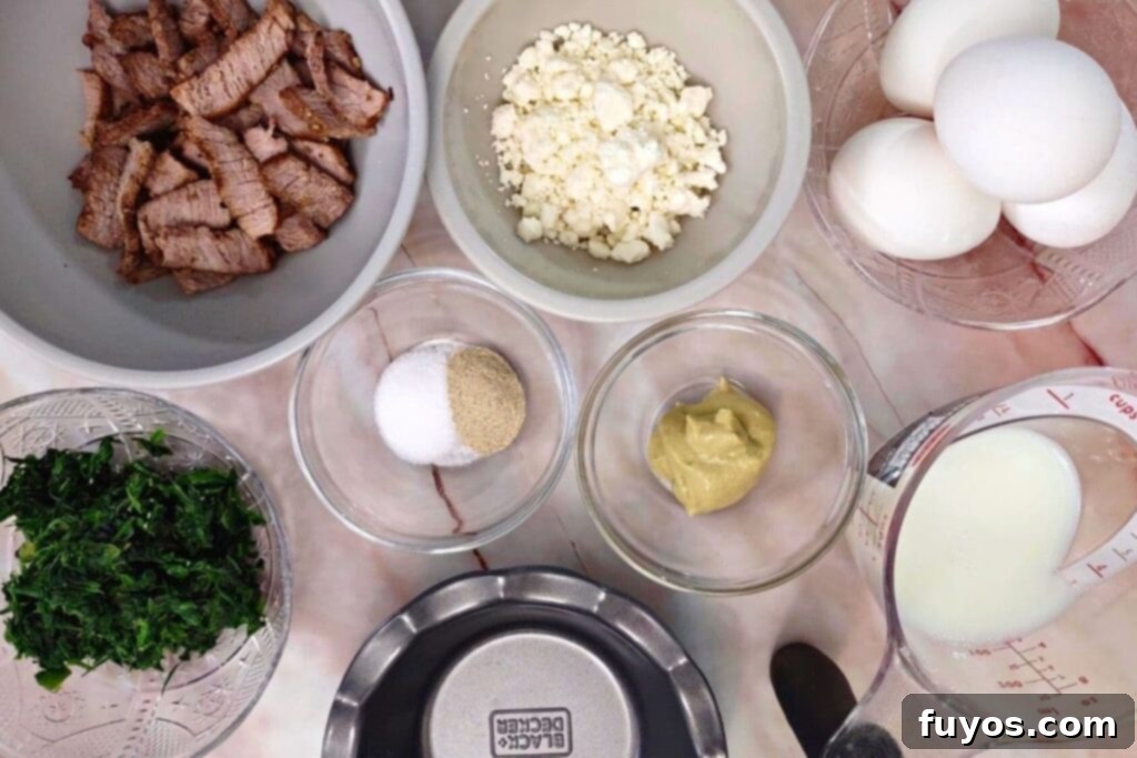 ingredients to make air fryer mini steak and spinach quiche