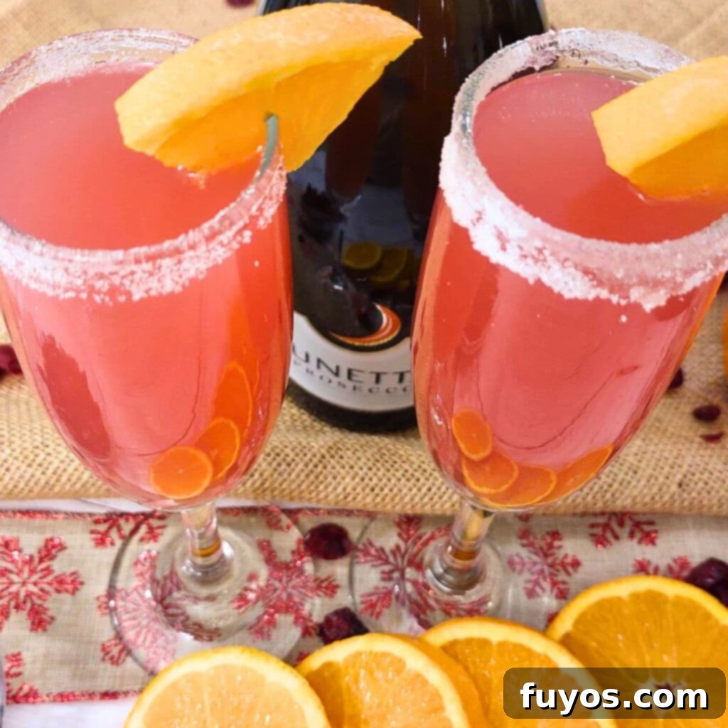 Cranberry Orange Mimosa Brunch Celebration 2 Two festive cranberry orange mimosas with triple sec, garnished with orange slices and cranberries, ready for a holiday brunch