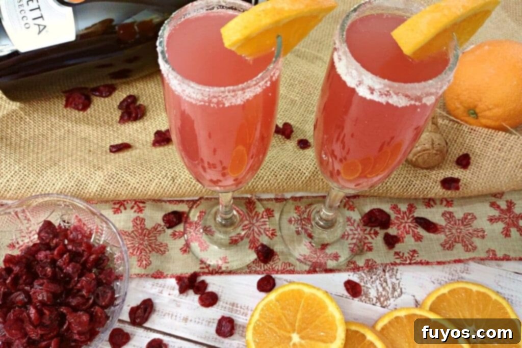 Cranberry Orange Mimosa Brunch Celebration 9 Two elegantly presented cranberry orange mimosas in fluted glasses, adorned with fresh orange slices and cranberries, against a soft-focus background, ready for celebration