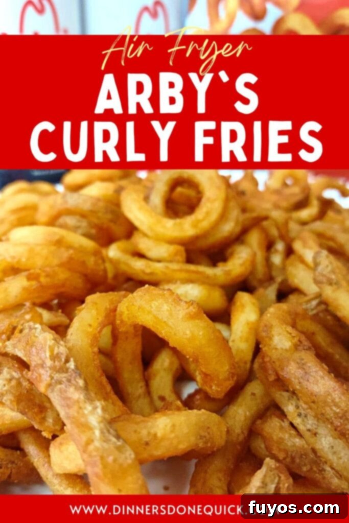 Arby's curly fries in the air fryer, a perfect pin for Pinterest, showcasing golden-brown spirals.
