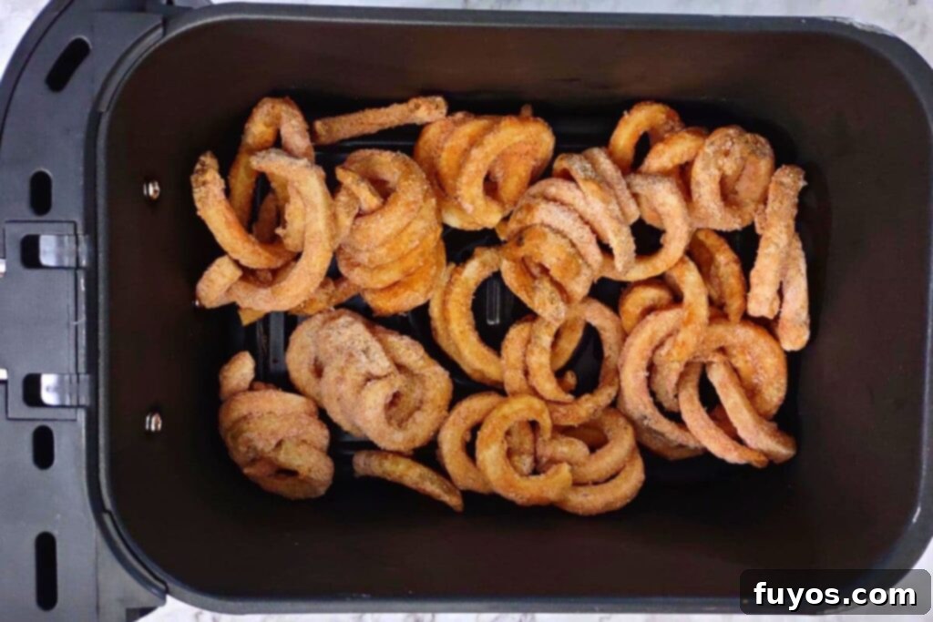 Frozen Arby's curly fries being carefully placed in a single, even layer in an air fryer basket.