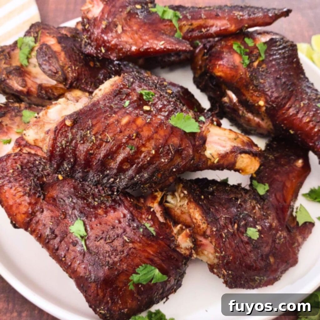 Crispy Air Fryer Smoked Turkey Wings on a Plate with Sauce