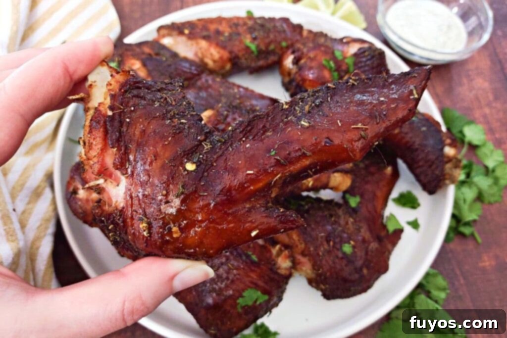 Hand holding up a perfectly cooked air fryer smoked turkey wing
