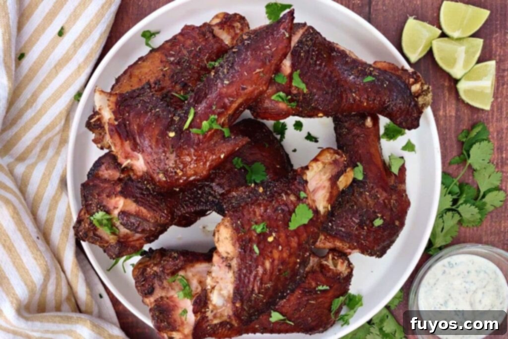 Overhead view of perfectly air fried smoked turkey wings on a plate, garnished with fresh herbs
