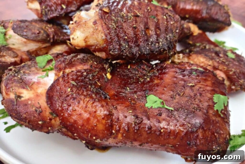 Close up of crispy air fryer smoked turkey wings, showing the delicious texture