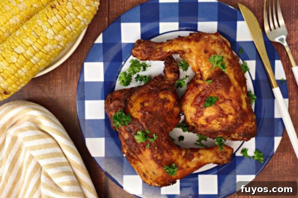 Deliciously Fast Air Fryer BBQ Chicken Leg Quarters 11 overhead view of two bbq chicken leg quarters air fried on a plate