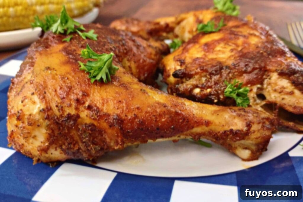 Deliciously Fast Air Fryer BBQ Chicken Leg Quarters 12 closeup of bbq chicken made in the air fryer on a plate
