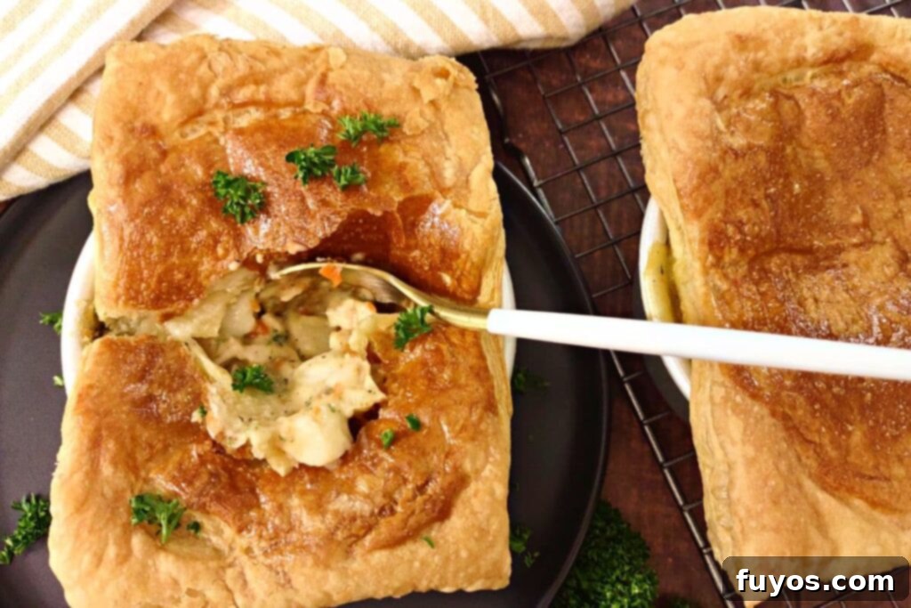 Air Fryer Chicken Pot Pie Forget the Oven 12 overhead view dipping a spoon into the broken crust of a chicken pot pie
