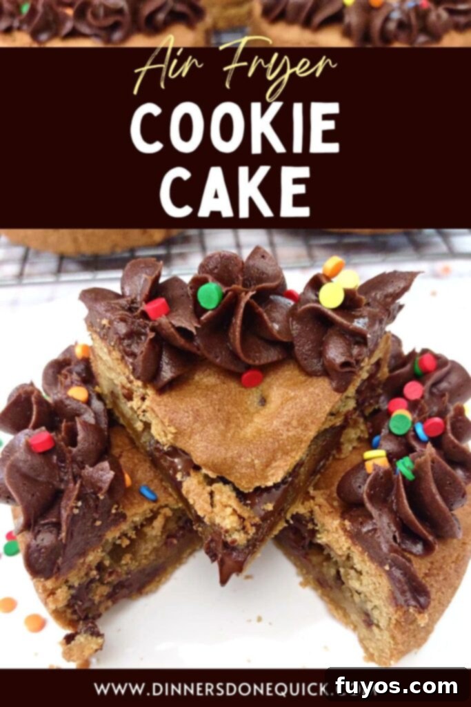 Air fryer cookie cake recipe with chocolate fudge icing and sprinkles, perfect for sharing on Pinterest