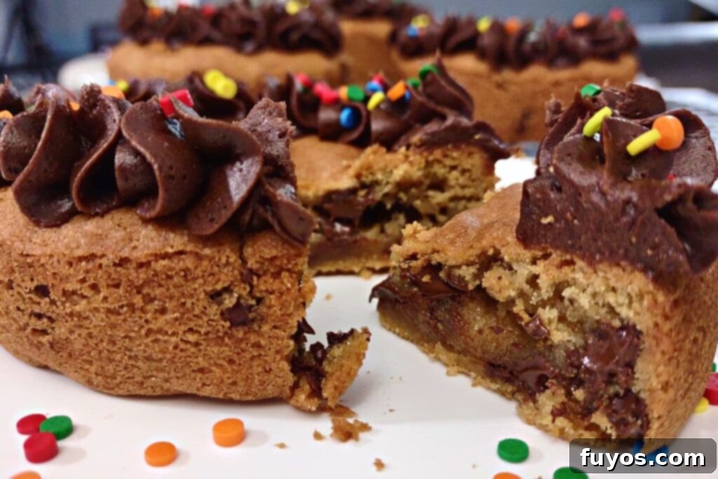Close-up view of a freshly cut slice of chocolate chip cookie cake baked in an air fryer, revealing its soft and gooey center