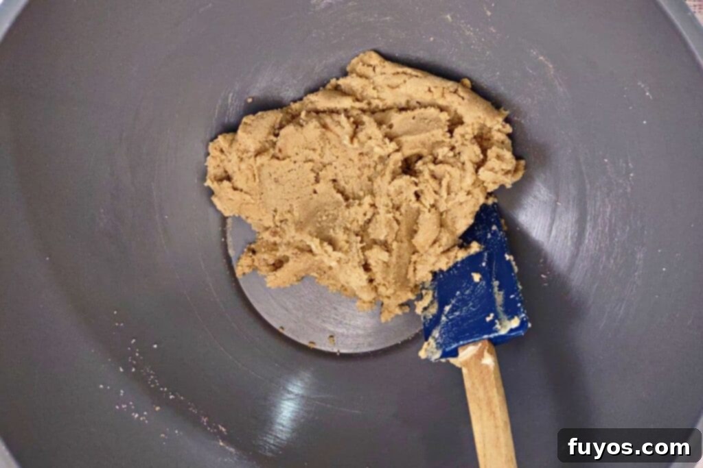 Close-up of butter and sugar being creamed together in a mixing bowl for cookie dough