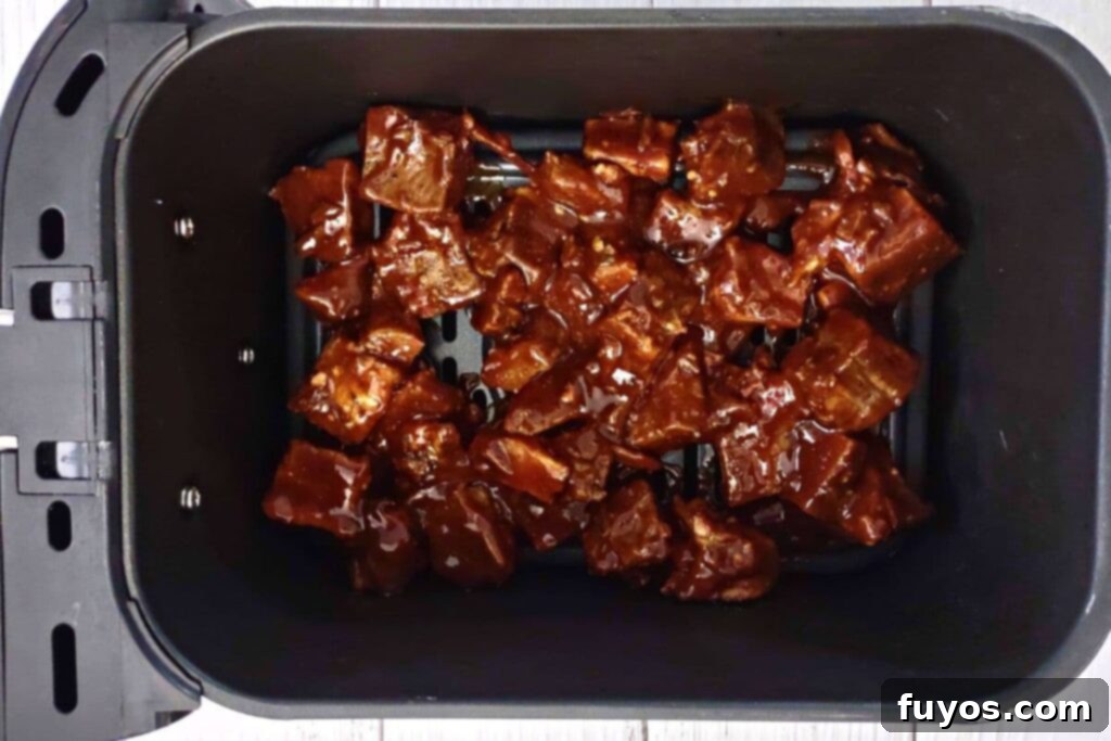 Rapid Air Fryer Burnt Ends: Tender Brisket Bliss 6 place sauced burnt ends in air fryer basket