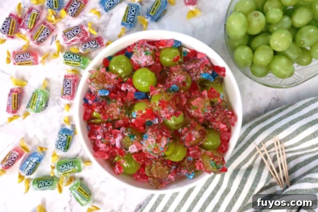 overhead view of jolly rancher grapes in a bowl