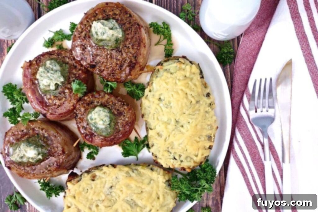 overhead view of bacon wrapped filet on a plate with cheesy baked potato