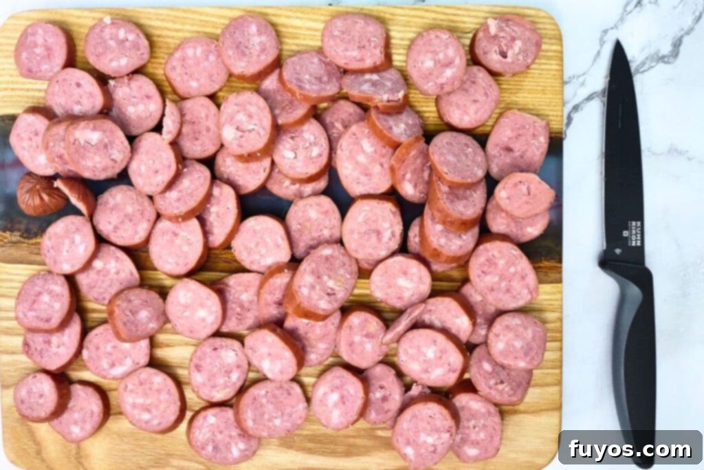 Perfect Smoked Sausage in Your Air Fryer 5 slice the tube of smoked sausage into bite size slices