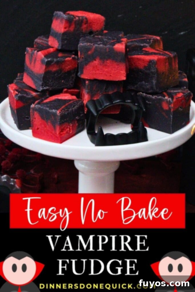 Vampire Fudge: A Sinfully Simple Halloween Indulgence 13 Vampire fudge recipe featured on a Pinterest graphic, highlighting the dramatic red and black swirls of this easy no-bake Halloween dessert.