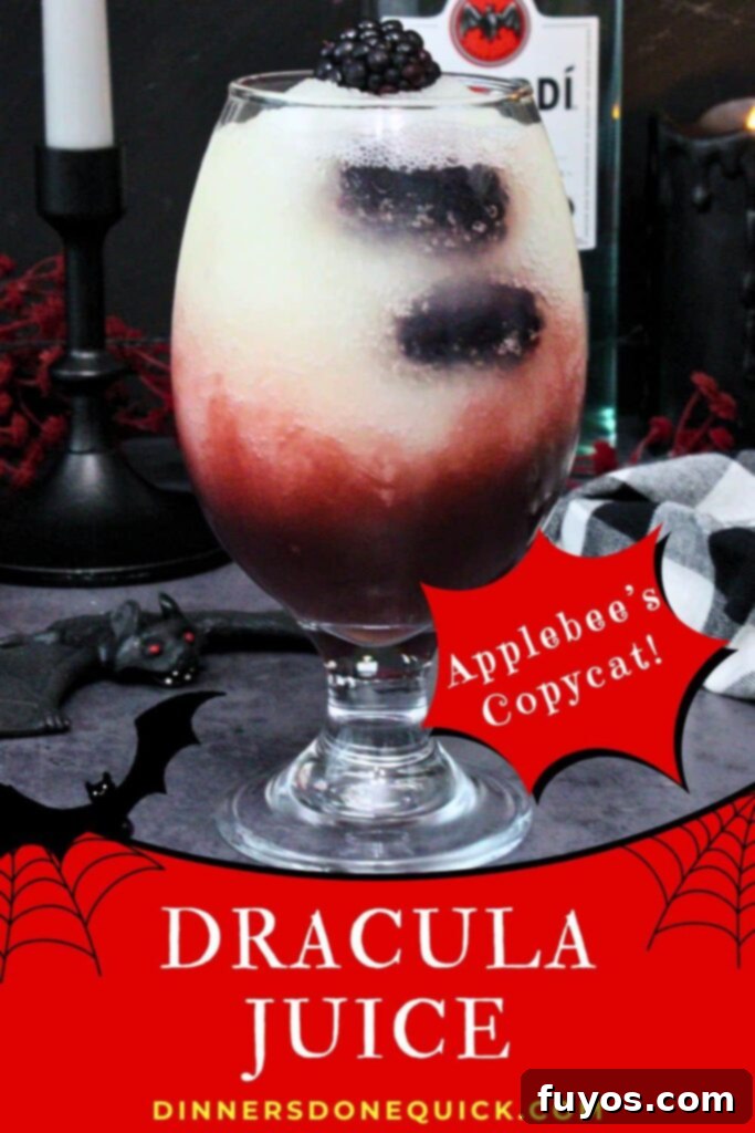 Make Your Own Dracula Juice for Halloween 12 Applebee's Dracula Juice copycat recipe Pinterest image for sharing, featuring the layered Halloween cocktail.