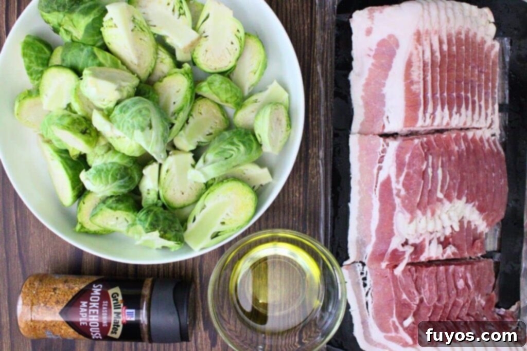 Ingredients laid out for making air fryer bacon wrapped brussel sprouts