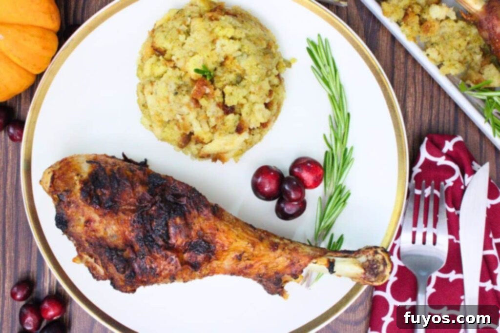 overhead view of juicy air fryer turkey leg on a plate with stuffing, rosemary, and cranberries