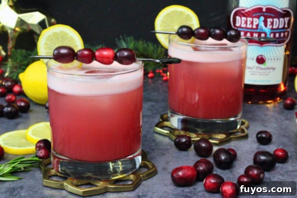 two cranberry vodka sour drinks on gold coasters garnished with lemon slice and cranberry skewer