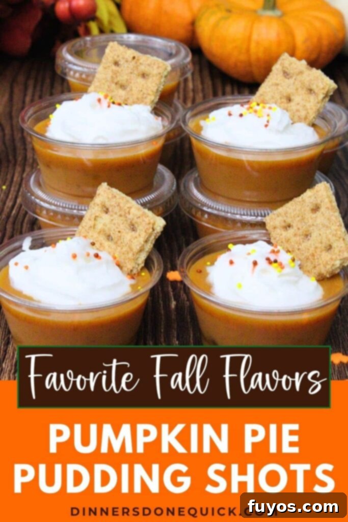Two rows of pumpkin pie pudding shots with whipped cream and various toppings on a wooden background