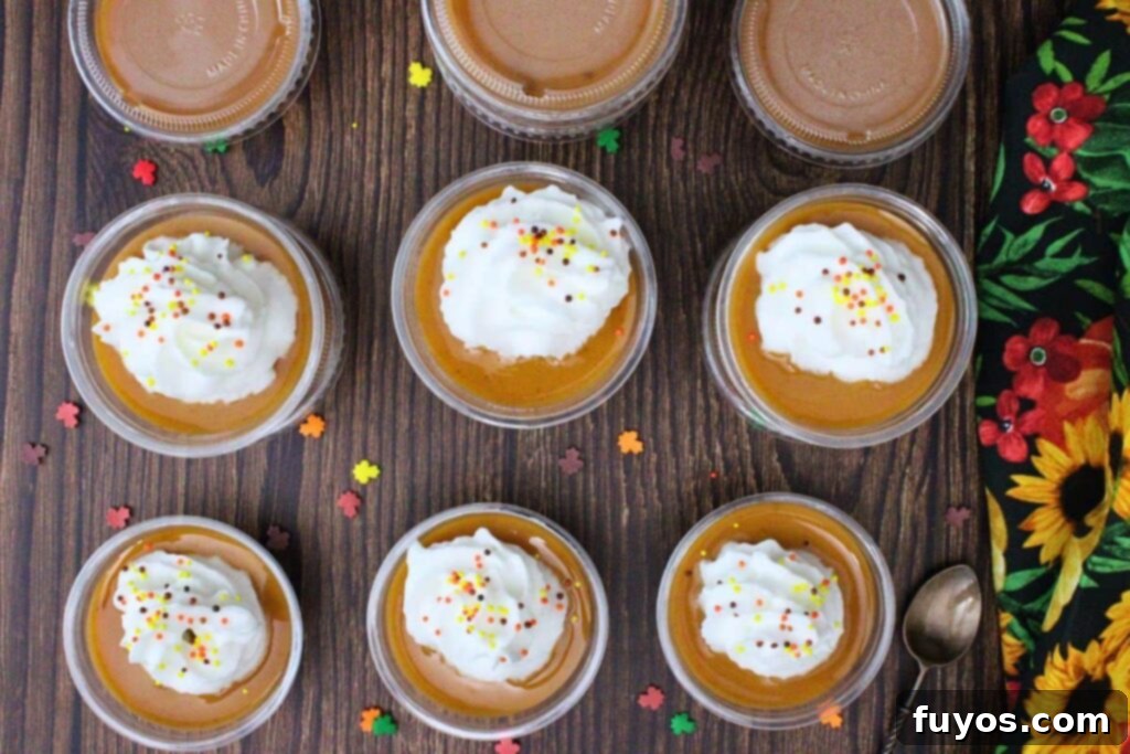 Overhead view of pumpkin pie pudding shots with whipped cream and sprinkles on a rustic wooden counter