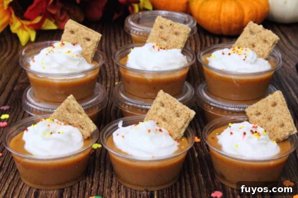 Six pumpkin pie pudding shots in two rows, topped with whipped cream, sprinkles, and graham cracker pieces