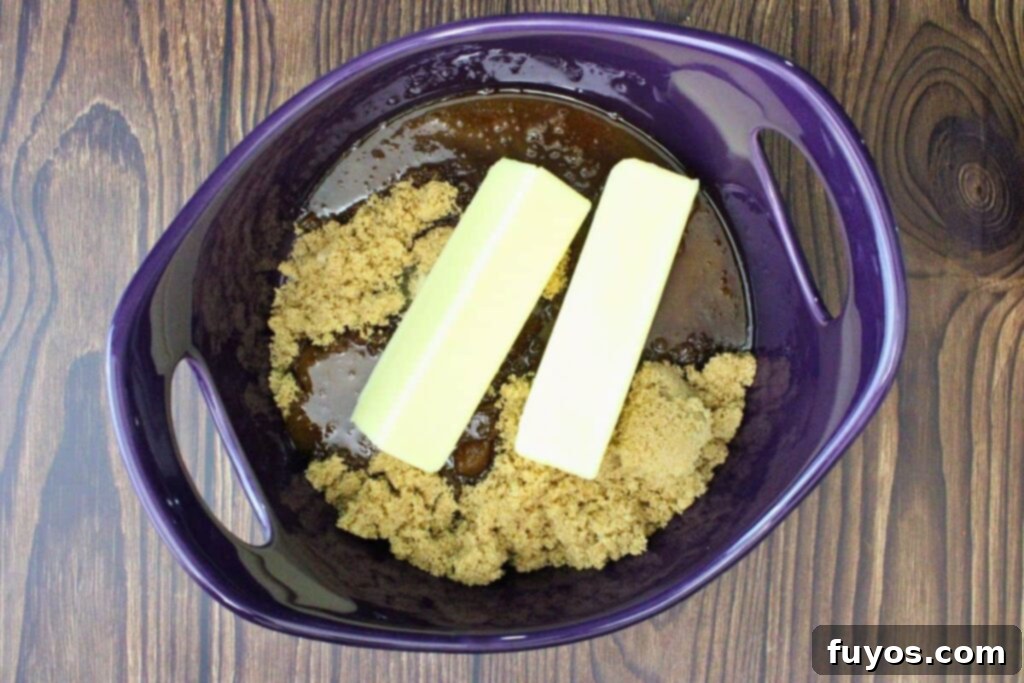 Easy Pecan Pie Toffee Bark 6 add butter, brown sugar, vanilla, and water to high heat safe microwave dish