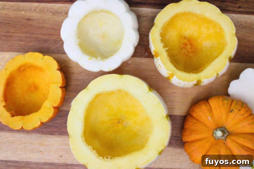 carefully slice off the tops of mini pumpkins and remove the seeds